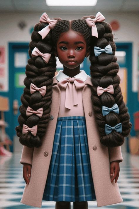 First Day Of School Hairstyles Black Braids, Middle School Hairstyles Black, Goals For School, Middle School Hairstyles, High School Hairstyles, Baddie Cartoon, School Braids, Blue Plaid Skirt, Bubble Ponytail