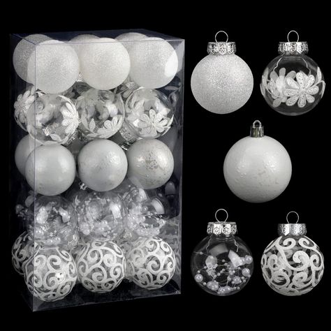 PRICES MAY VARY. Clear Christmas Ball Ornaments: Christmas balls are handcrafted with exquisite fillers and glittery prints. 5 different styles: clear Christmas ornaments with fillings, Christmas balls ornaments clear printed with flower and auspicious cloud elements, Christmas tree ball decorations coverd in white glitter powder. Shatterproof Christmas Tree Ornaments: Christmas hanging ornaments ball are made of durable material, which has excellent shatter-resistant properties compared to trad Diy White Christmas Ornaments, White Themed Christmas Tree, White Christmas Tree Ornaments, Clear Ornament Balls, Champagne Christmas Tree, Clear Christmas Ornaments, Decorations For Halloween, Xmas Wedding, White Christmas Ornaments