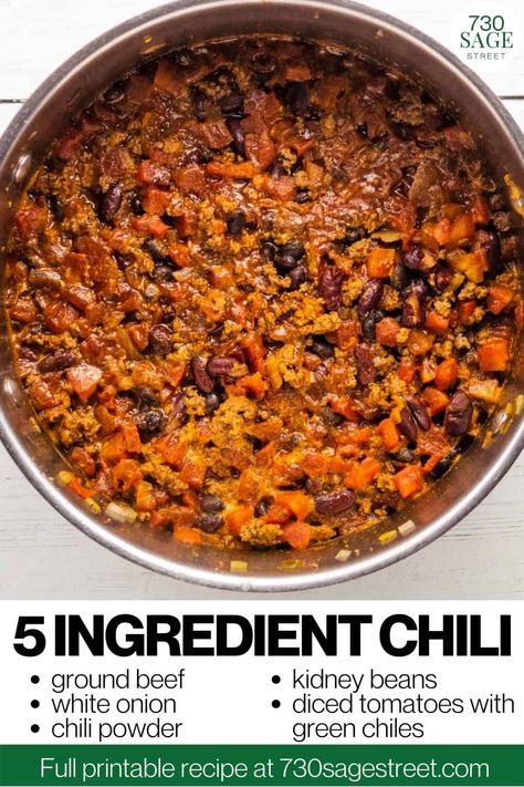 This seriously easy 5-ingredient chili recipe is pure comfort food in one bowl! And best of all, it's made with just 5 pantry staple ingredients and takes 25 minutes! 5 Ingredient Chili Recipe, 5 Ingredient Chili, Ground Beef Chili, Recipes With Few Ingredients, Chili Recipe Easy, Slow Cooker Chili, Fudge Easy, Ground Beef Recipes Easy, Chili Recipe