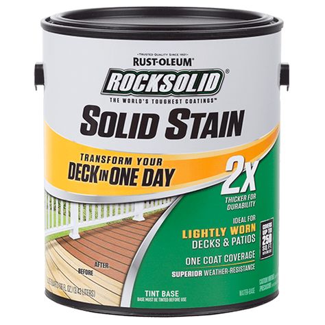 Transform your Deck in One Day with RockSolid 2X Solid Stain. This innovative one coat deck resurfacer is ideal for lightly worn decks and patios. RockSolid 2X Solid Stain offers superior weather-resistance and waterproofing protection keeping the surface safe from the harshest of weather conditions. Solid Stain Deck, Deck Cleaner, Decks And Patios, Deck Restoration, Wood Primer, Solid Stain, Exterior Wood Stain, Floor Paint, Deck Paint