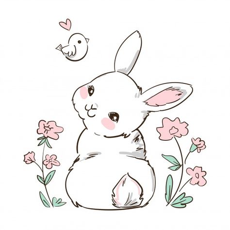 Hand drawn bunny and little bird, flower... | Premium Vector #Freepik #vector #flower #cartoon #bird #animal Cute Bunny Drawing Simple, Hase Tattoos, Doodles Bonitos, Lapin Art, Rabbit Drawing, Bunny Tattoos, Bunny Drawing, Art Mignon, Cartoon Sketches