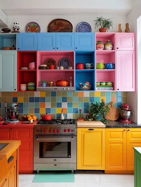 24 Room Renovation Ideas That Infuse Color and Life into Your Home • 333+ Images • [ArtFacade] Small Colorful Kitchen Ideas, Colorful Industrial Interior, Colourful Cupboards, Multicoloured Kitchen, Kaarin Joy, Industrial Chic Bedroom, Narrow Kitchen Ideas, Room Renovation Ideas, Bedroom Industrial Chic