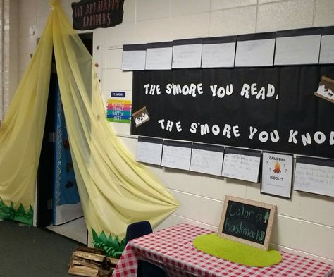 Tent Classroom Door, Camping Themed Literacy Night, Tent Classroom, Literacy Night Themes, Reading Under The Stars, Camping Inside, Canvas Tent Camping, Woodland Classroom, Family Literacy Night