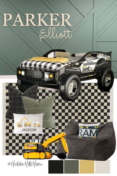 Race car themed bedroom decor design board for boys! Boys bedroom mood board with a green accent wall and yellow and charcoal accent colors! Race Car Bed Bedroom, Truck Bed Boys Room, Neutral Car Bedroom, Jeep Bedroom Boy Rooms, Truck Bedroom For Boys, Race Car Room Boys, Boy Car Bedroom, Toddler Boy Car Room, Monster Truck Toddler Room