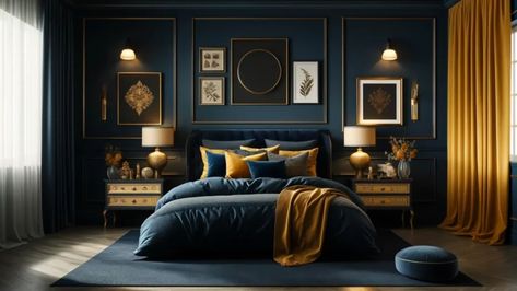 Blue And Copper Bedroom Ideas, Navy Monochromatic Bedroom, Dark Blue Panelled Bedroom, Navy And Gold Bedroom Ideas Inspiration, Blue Bedroom Gold Accents, Navy And Gold Bedroom Ideas, Blue Dark Academia Bedroom, Navy Bedroom Ideas Gold Accents, Blue And Mustard Bedroom