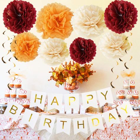 PRICES MAY VARY. Elegant Burgundy Champagnr Gold Birthday party Decorations/fall party decorations/30th birthday decorations/fall birthday decorations, Maroon and Gold Party, Graduation Event, Christmas, New Year, Nursery, Photo Backdrop. They look great hanging from ceilings, doorways, and lighting fixtures, mounted on the walls, or used as table centerpieces. With a beautiful, burgundy/marsala & gold color palette, our birthday color idea is perfect for fall and winter weddings. Burgundy is on Fall Birthday Party Backdrop Ideas, 30th Fall Birthday Ideas, Fall Birthday Party Ideas For Women Decorations, Thanksgiving Birthday Party Decorations, Fall Themed Birthday Party Decorations, November Theme Birthday Party, November Birthday Party Ideas For Women, Burgundy Birthday Decorations, Fall Birthday Ideas