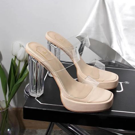 Open Toe High Heels Women Transparent Perspex Slippers Shoes Heel Clear Sandals Clear Heel Shoes, Sandals Woman, Clear Block Heels, High Heels Sandals, Womens Summer Shoes, Super High Heels, Heel Slippers, Platform Slippers, Jelly Shoes