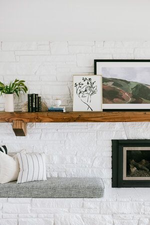 Frederick Refresh — Jessica Nelson Design Off Center Fireplace, Above Fireplace Decor, White Brick Fireplace, Leclair Decor, Home Center, White Brick, Wall Molding, Well Decor, Brick Fireplace