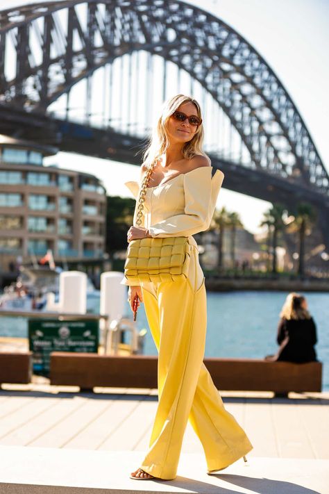 Australian Fashion Week Street Style Was Color Packed Fashion Week 2021 Street Style, What's Trending In Fashion, Mint Green Skirts, Sydney Fashion Week, Australian Fashion Week, Pink Fur Coat, Blue Leather Jacket, Monochromatic Outfit, Yellow Outfit