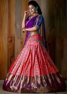 Convert Silk saree into lehengas Pink Half Sarees, Pattu Lehenga, South Indian Bride Saree, Half Saree Function, Bridal Lehenga Designs, Lehenga Saree Design, Bridal Sarees South Indian, Half Saree Lehenga, Pattu Saree Blouse Designs