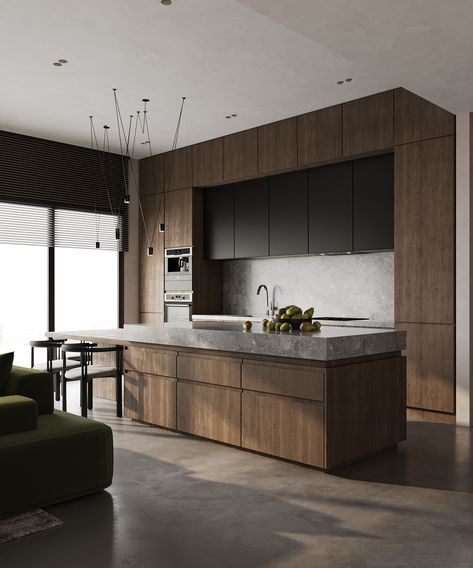 Modern Dark Wood Kitchen, Minimal Kitchen Design, Japandi Decor, Hidden Kitchen, Minimalist Kitchen Design, Photography Architecture, Kitchen Concepts, House Design Kitchen, Kitchen Room Design