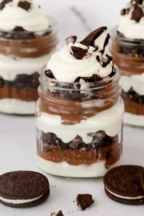 Chocolate Oreo Parfaits Recipe | The Carefree Kitchen Oreo Parfait, Chocolate Parfait, Mason Jar Desserts, Parfait Cups, Cheesecake Parfaits, Mini Dessert Cups, Pudding Parfait, Parfait Desserts, Chocolate Oreo