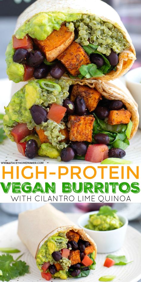 Sweet Potato Burrito, Vegan Burritos, Cilantro Lime Quinoa, Lime Quinoa, Vegan Burrito, Veggie Burrito, Vegan Wraps, High Protein Vegan, Mashed Avocado