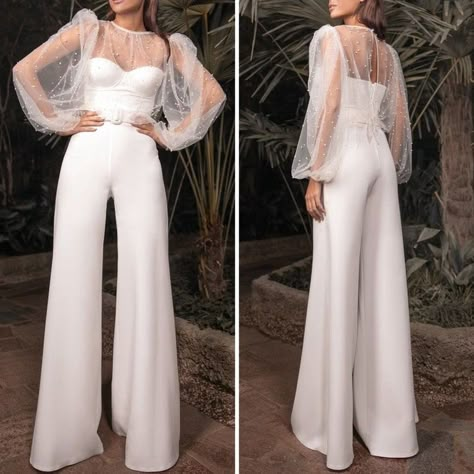 White Long Sleeve Jumpsuit Wedding, Reception Two Piece Jumpsuit, White Pants Outfit Bride, White Romper Wedding Jumpsuits, Maid Of Honor Dress Jumpsuit, Simple White Jumpsuit Wedding, White Reception Jumpsuit, Wedding Rehearsal Jumpsuit For Bride, Wedding Reception Pant Suit