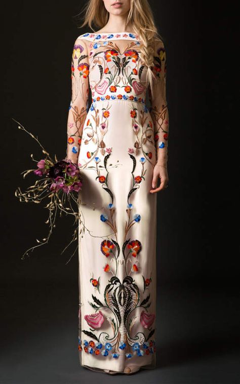 Temperley London Bridal Fitted Toledo Dress This *Temperley Bridal* Fitted Toledo Dress features a boat neckline sheer embroidered long sleeves and column silhouette. #afflink Temperley London Bridal, London Wedding Dress, Unconventional Wedding Dress, Alice Temperley, London Spring, Bohemian Wedding Dresses, Temperley London, Luxury Women Fashion, Marriage Ceremony