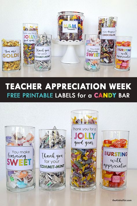 Teacher Appreciation Week Idea or Teach Gift idea. Bar None theme with free printable poster, candy bar dessert table labels, candy bar tags, weekly activity ideas. Great for PTO or PTA that is in charge of teacher appreciation week meals. Cute candy sayings. #teacherappreciationweek #teachergiftideas #candybarbuffet #candybartheme #candylabels #candytags #freeprintables #ptaideas #teacherappreciationmeals #teachergifts #candysayings Cute Candy Sayings, Dessert Table Labels, Teacher Appreciation Week Themes, Teacher Cookies, Appreciation Cookies, Candy Bar Table, Teacher Appreciation Themes, Teacher Morale, Table Labels