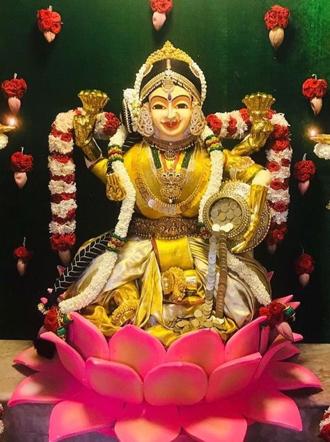 Indian Wedding Decor Inspiration Indian Decor Diy, Devi Goddess, Gauri Decoration, Laxmi Puja, Varalakshmi Pooja, Varalakshmi Vratham, Ganesh Chaturthi Decoration, Pooja Decor, Pooja Decoration