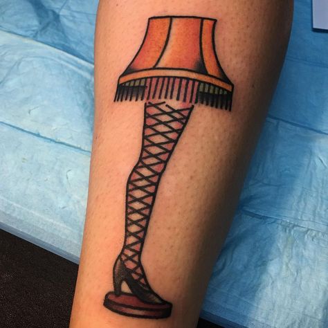 Christmas Traditional Tattoo, Traditional Christmas Tattoo, Christmas Story Tattoo, Leg Lamp Tattoo, American Traditional Christmas, Tibbs Eve, Christmas Tattoo Flash, Christmas Tattoo Ideas, Holiday Tattoos