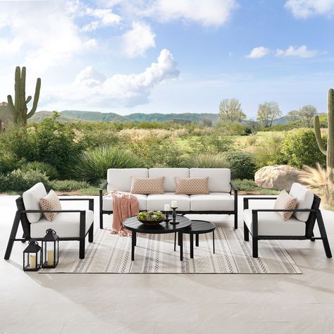 Create a stylish and cozy outdoor space with this Corvus Zuza 5-piece Sunbrella Aluminum Patio Furniture Conversation Set, it's an excellent choice whether entertaining guests or enjoying family gathering happiness outdoors. Patio Furniture Conversation Sets, Patio Seating Sets, Aluminum Patio Furniture, King Bedroom Sets, Inspire Me Home Decor, Aluminum Patio, Conversation Set Patio, Patio Seating, Patio Furniture Sets