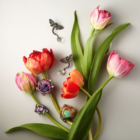 Lydia Courteille jewelry on Moda Operandi Lydia Courteille Jewelry, Fashion Still Life, Jewelry Photoshoot, Spring Tulips, Spring Jewelry, Beautiful Lines, Cute Cosplay, Jewelry Photography, Flower Backgrounds