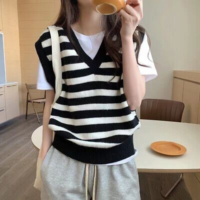 Great shopping ideas for Ladies Stripe Knit Tank Vest Top V-neck Waistcoat Sleeveless Jumper Sweater Chic, Fashion Women's Sweaters Stripe Vest Outfit, Sleeveless Sweater Outfit, Knitted Vest Outfit, Knitted Waistcoat, Vest Outfits For Women, Pullover Vest, Striped Vest, Pullovers Outfit, Cream Colored Sweater