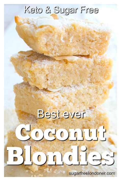 These moist, chewy Keto blondies are a coconut lover's dream! Perfect for dessert or as a healthy sweet treat, this blondie recipe is sugar free, low carb, Paleo and gluten free. #keto #lowcarb #blondies #dessert Blondies Dessert, Coconut Blondies, Keto Blondies, Dolce Poche Calorie, Blondie Recipe, Coconut Flour Recipes, Postre Keto, Blondies Recipe, Sugar Free Low Carb