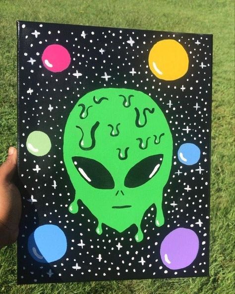 Trippy alien Acrylic Hand Painted Canvas Painting. 11×14 inches Easy Trippy Things To Draw, Canvas Painting Easy, Alien Painting, Art Bizarre, Trippy Alien, Alien Face, Arte Indie, Trippy Painting, Posca Art