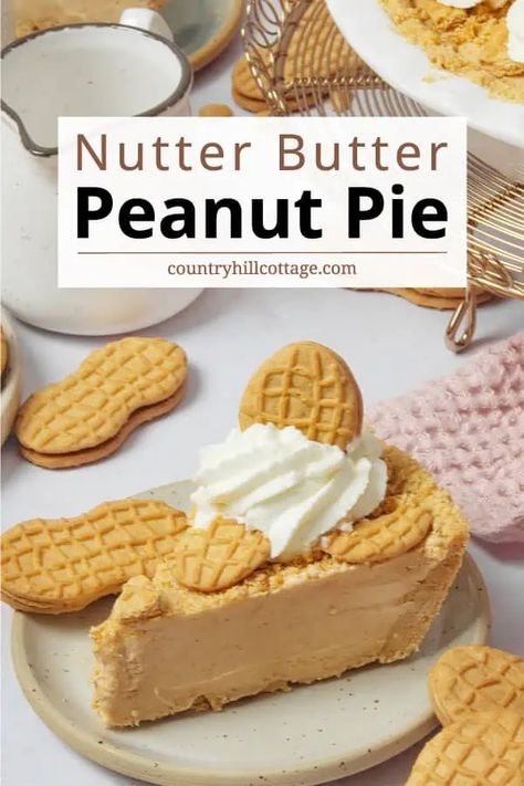 Nutter butter pie is a delicious, fluffy, and ultra rich dessert. The easy no-bake pie is made with a tasty nutter butter pie crust and a smooth peanut butter filling – a peanut lover's dream! The easy recipe comes together in about 20 minutes, and then sets up in the fridge for a few hours. It's a great treat for any time of year! Whether you want an impressive pie for your Thanksgiving spread, or it's the middle of summer and there's no way you're turning on the oven. | CountryHillCottage.com Nutter Butter Pie, Nutter Butter Dessert, Nutter Butter Crust, Easy Peanut Butter Pie, Butter Pie Crust, Thanksgiving Spread, Peanut Butter Dessert Recipes, Peanut Butter Sandwich Cookies, Smooth Peanut Butter