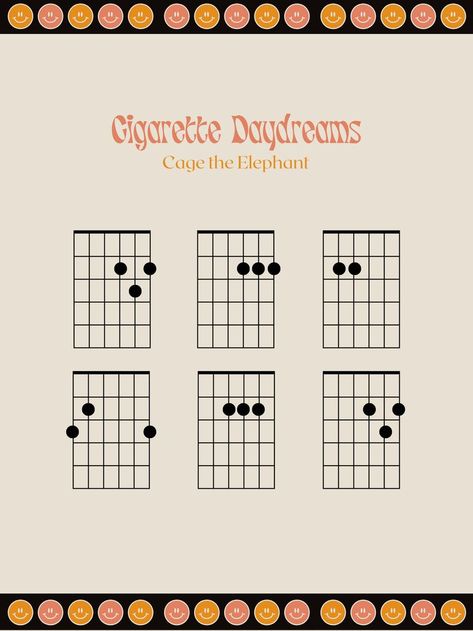 This is a poster with the 5 main guitar chords of Cigarette Daydreams by Cage the Elephant Electric Guitar Chords, Ukulele Tabs Songs, Guitar Tabs Acoustic, Guitar Tabs And Chords, Akordy Gitarowe, Easy Guitar Chords, Guitar Songs For Beginners, Learn Guitar Chords, Easy Guitar Songs