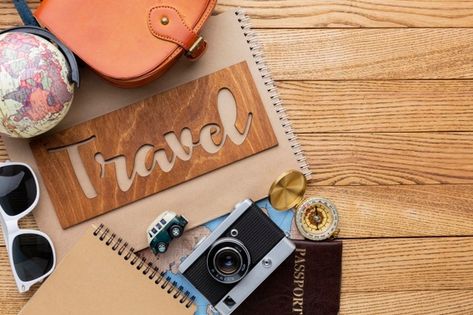 Travel items on wooden background | Free Photo #Freepik #freephoto #travel #elements #tourism #top-view Travel Cover Photos Facebook, Travel Aesthetic Wallpaper Laptop, Travel Cover Photo, Tourism Aesthetic, Travel Elements, Travel Background, Pc Image, Word Press, Iran Pictures