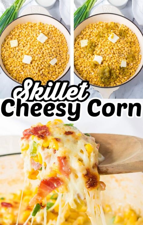 Cheesy Corn With Applewood Bacon And Hatch Chiles, Cheesy Skillet Corn, Cheesy Corn Recipe, Corn With Bacon, Main Dinner Dishes, Hosting Recipes, Dinner Hosting, Thanksgiving Vegetables Side Dishes, Corn Recipes Side Dishes