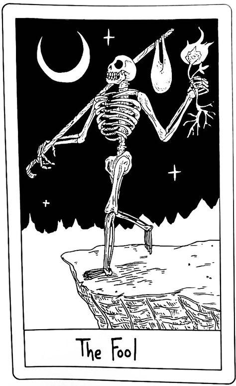 Fools Tarot Card Tattoo, The Fool Skeleton Tarot, Skeleton Tarot Tattoo, Skeleton Card Tattoo, Skeleton Tarot Card Tattoo, Fool Tattoo Tarot, Tarot Card The Fool Tattoo, Tarot Cards Tattoo Design, Skull Tarot Cards