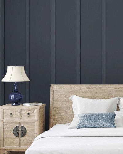 Slate Tile Sherwin Williams Bedroom, Master Bedrooms With Wallpaper Accent Wall, Dark Navy Accent Wall, Peel And Stick Wallpaper Accent Walls, Navy Blue Accent Wall Bedroom, Blue Accent Wall Bedroom, Faux Board And Batten, Dream Bedroom Luxury, Lining Dresser Drawers