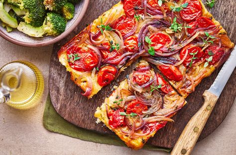 Upside Down Tart, Tomato Tart Recipe, Sweet Potato Toppings, Coconut Fish, Taco Mix, Potato Toppings, Tesco Real Food, Tomato Tart, Garlic Mushrooms