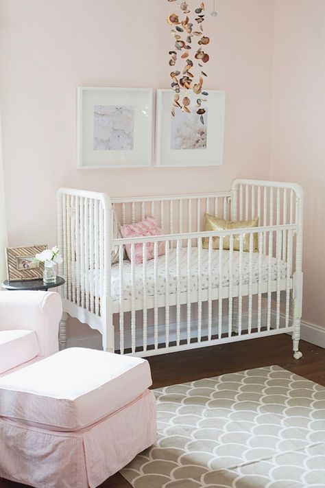 15 Pretty Blush Pink Paint Colors Faint Coral Sherwin Williams, Under The Sea Nursery Girly, Gold Crib, Boho Girls Room, Nursery Inspiration Girl, Bright Nursery, Girly Nursery, Girl Room Inspiration