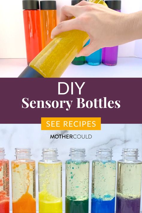 Sensory Bottles DIY | Calming Toys for Kids | MOTHERCOULD Colour Monster Sensory Bottles, Make Sensory Toys, Home Made Sensory Bottles, Color Mixing Sensory Bottles, Diy Sensory Party Favors, Emotion Sensory Bottles, Calm Down Jars Diy, Glitter Bottles For Kids, Oil Water Sensory Bottle