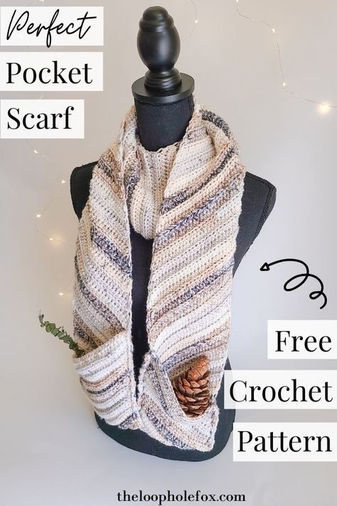 Whether you prefer to gift your crochet projects or keep them, this is the perfect pocket scarf crochet pattern for you. Using half double crochet, we create a beautiful diagonal crochet ribbing that adds a ton of personality. The edging of the pockets are on the bias and are super easy to put your hands into. Fall in love with this pocket scarf by heading over to the blog post for the free crochet pattern today. Crochet Pocket Scarf Pattern, Pocket Scarf Pattern, Diagonal Crochet, Crochet Pocket Scarf, Crochet Ribbing, Crochet Pocket, Super Scarf, Pocket Scarf, Pocket Scarves