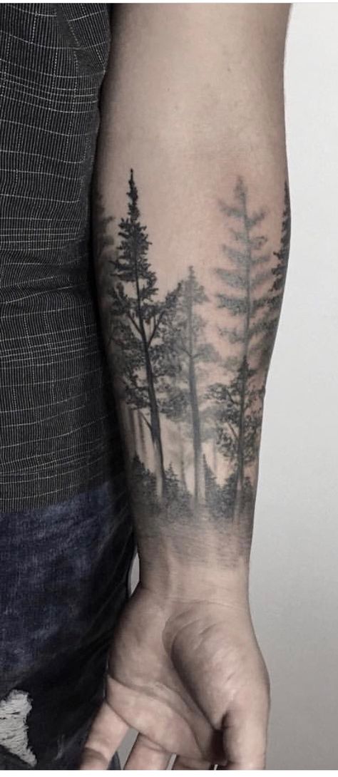 Tree Line Tattoo, Tattoos Arm Mann, Forest Tattoo Sleeve, Guys Quotes, Natur Tattoo Arm, Tattoo Bras Homme, Tree Tattoo Men, Forest Tattoo, Nature Tattoo Sleeve