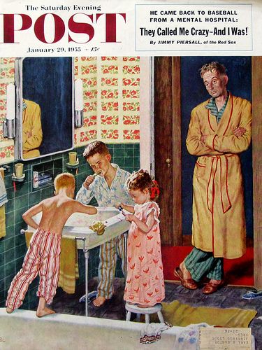 "Brushing Their Teeth," 1950s Saturday Evening Post magazine cover illustration by artist Amos Sewell | Retro Reveries  #RetroReveries #1950s #saturdayeveningpost #midcentury #nostalgia Amos Sewell, Peter Hunt, America Pictures, Vintage Brochure, Saturday Evening Post Covers, Norman Rockwell Art, Rockwell Paintings, Norman Rockwell Paintings, Saturday Evening Post