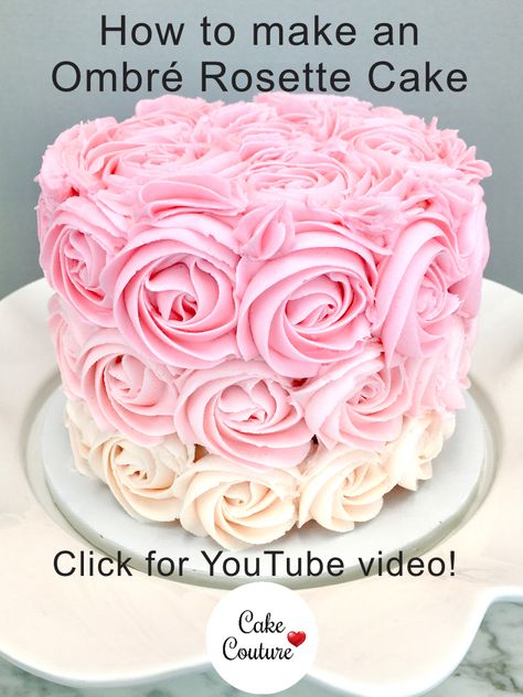 How To Make A Rosette Cake, Floral Piped Cake, Roses On Cakes Buttercream, Pink Rossete Cake, Pink Ombre Rosette Cake, Rosette Cupcakes With Sprinkles, How To Make Rosettes On A Cake, Pink Ombre Cake Ideas, Ombré Rosette Cake