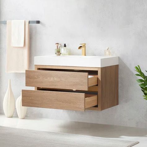 Wrought Studio Santori 36" Wall Mounted Single Bathroom Vanity Set | Wayfair Floating Bathroom Sink, Floating Vanity Bathroom, Contemporary Powder Room, Mid Century Modern Vanity, 36 Inch Bathroom Vanity, Floating Bathroom Vanities, Best Bathroom Vanities, Wood Bathroom Vanity, Square Sink