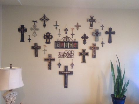 Cross Wall Collage, Texas Decor, Lace Trees, Cross Crafts, Cross Wall, Cross Wall Decor, Cross Art, Home Altar, Mexican Decor