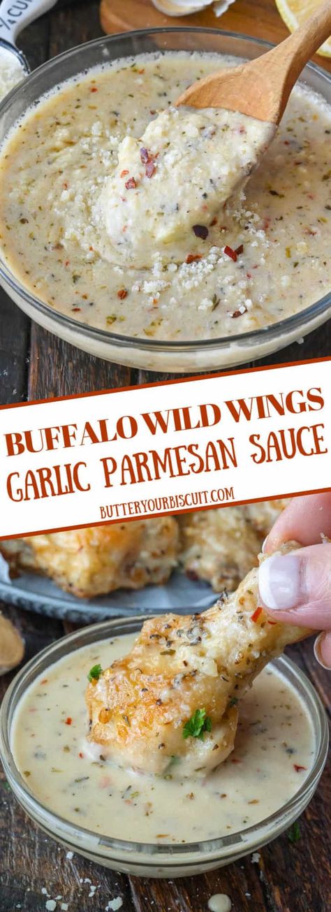 Garlic Parmesan Sauce is a savory homemade recipe that rivals the classic sauce from Buffalo Wild Wings. This copycat sauce is perfect to pair with chicken wings, fries, and more! Copycat Buffalo Wild Wings, Wild Wings Garlic Parmesan Sauce, Wings Garlic Parmesan, Buffalo Wild Wings Sauces, Parmesan Sauce Recipe, Parmesan Wing Sauce, Garlic Wings, Garlic Parmesan Wings, Wing Sauce Recipes