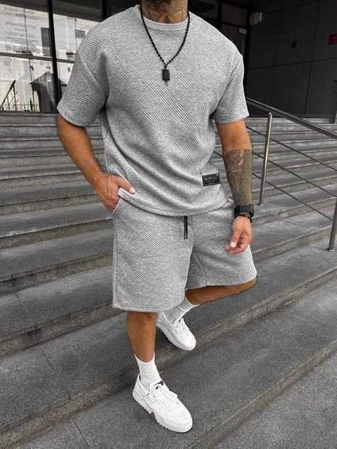 Men Summer Leisure Solid Texture Short Sleeve T-Shirt And Shorts Set Grey Casual    Letter,Plain  Slight Stretch  Men Clothing, size features are:Bust: ,Length: ,Sleeve Length: Athleisure Men Summer, Grey Tshirt Outfits Men, Mens Clothing Styles 2024, Summer Style Men Casual, Sweat Shorts Outfit Men, Sweat Shorts Outfit, Yellow Shirt Men, Lounge Wear Men, Comfy Airport Outfit