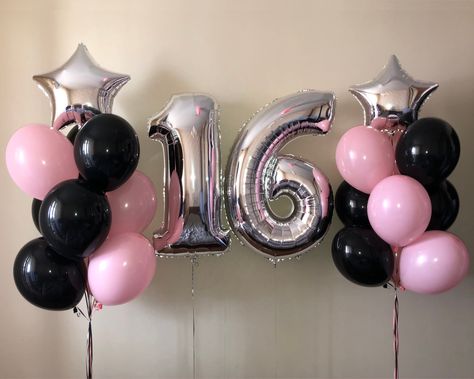 "Throw a special party and celebrate with a custom number balloon. No matter the celebration put a number on it. This amazing balloon bundle includes a custom number balloon in silver made from foil, paired with plain black, pink, and silver star balloons. Available in two sizes to choose from so you can celebrate that age, year, milestone, or any other number-related event. Mark any special number, might be a birthday, sweet 16, first birthday, anniversary, retirement, shop opening age, the cur Black White Silver Pink Party, Pink Black White Balloons, Black Pink Birthday Decorations, Pink And Black Theme Birthday Party, Pink 16 Balloons, Pink Sweet 16 Balloons, Light Pink And Black Party Decorations, Black Silver Pink Party, Light Pink And Black Birthday Decor