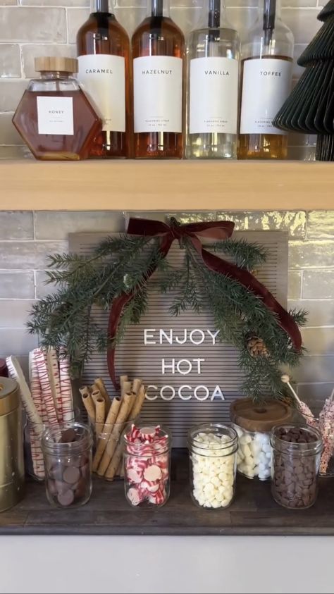 Hot Cocoa Bar Cart Ideas, Countertop Hot Cocoa Bar, Aesthetic Hot Cocoa Bar, Hot Chocolate Bar Kitchen Counter, Winter Coffee Bar Decor, Hot Chocolate Bar At Home, Coffee And Cocoa Bar Ideas, Hot Cocoa Bar Ideas Coffee Stations, Cocoa Bar Station Christmas