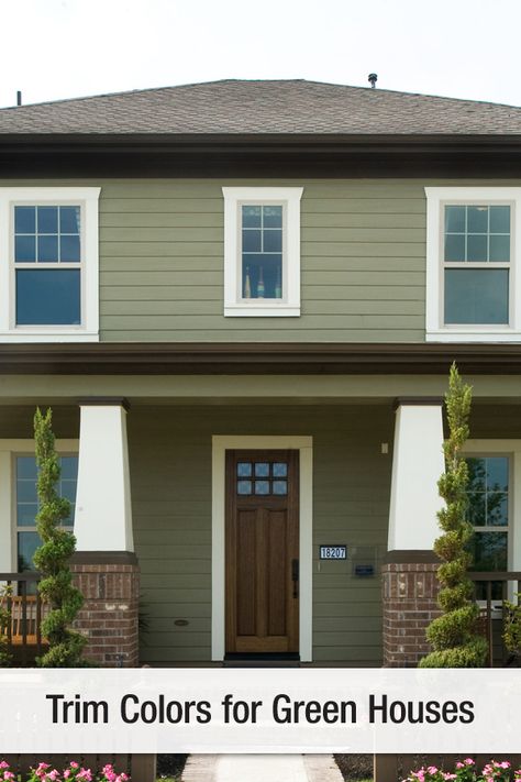 Green siding coupled with crisp white trim can give off a sharp clean look to make your house pop.  #exteriordesign #curbappeal #sidingideas #exteriorideas #homeexterior #exteriorcolor #trimcolor #sidingcolor #homeexterior #exteriorcolor #jameshardie #hardiesiding #hardieplank Green House Beige Trim, Sage Green House Exterior White Trim Black Shutters, Green Brown White House Exterior, Hunter Green House Exterior White Trim, Green Siding House With Brick, Avocado Green Exterior House Colors, White And Green Exterior House Colors, Olive House Exterior White Trim, Door Color For Green Siding