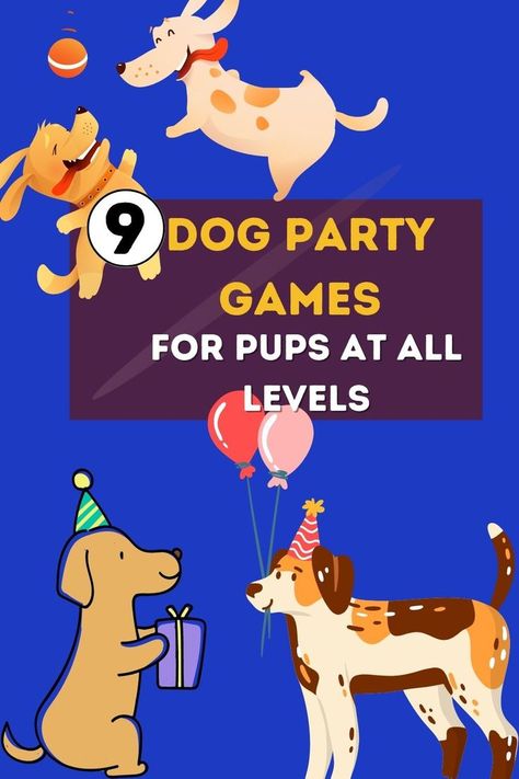 two dogs playing with a ball, one dog holding a present, and another dog holding balloons Dog Games Diy, Dog Party Games, Pet Event, Brain Games For Dogs, Halloween Party Activities, Dog Grooming Shop, Puppy Birthday Parties, Dog Enrichment, Dog Games