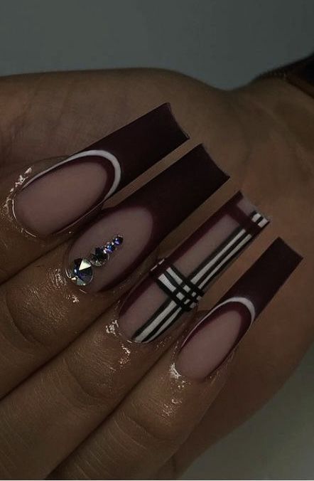 Red And Brown Nails Acrylic, Beige And Burgundy Nails, Acrylic Nails Plaid Design, Burgundy Nails 2023, Maroon Nails Acrylic Burgundy, Maroon And White Nails Acrylic, Burgundy And White Nails Acrylic, Burgundy Fall Nails Acrylic, Maroon Coffin Acrylic Nails