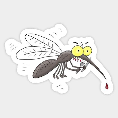 This funny mosquito brings his own cutlery to lunch! Cartoon humor. -- Choose from our vast selection of stickers to match with your favorite design to make the perfect customized sticker/decal. Perfect to put on water bottles, laptops, hard hats, and car windows. Everything from favorite TV show stickers to funny stickers. For men, women, boys, and girls. Mosquito Cartoon, Cartoon Mosquito, Funny Mosquito, Hungry Funny, Cartoon Humor, Cartoon Stickers, Funny Cartoons, Hard Hats, Funny Stickers